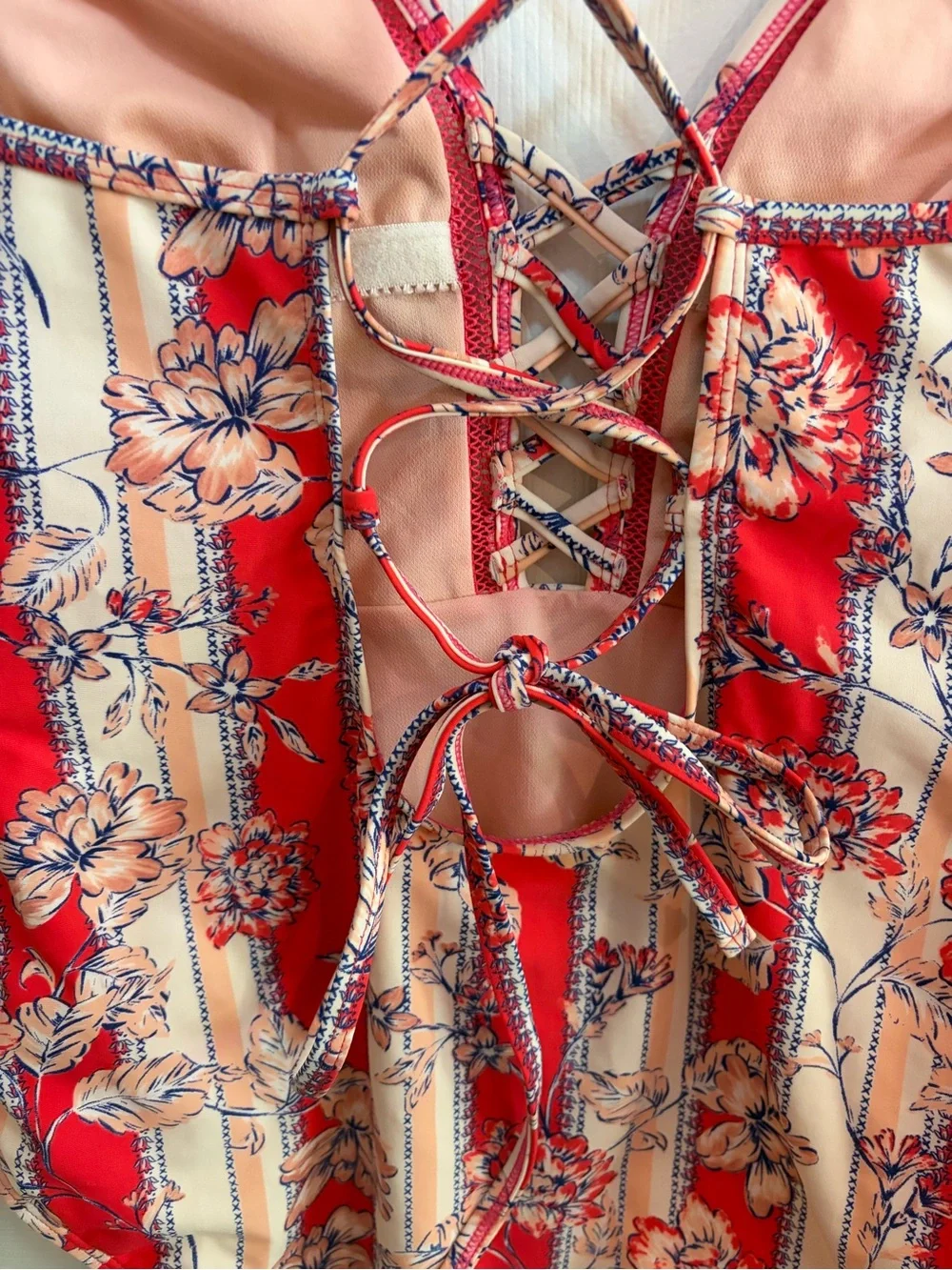 Vintage Kate Spade One Piece Red, Peach, & White Stripes with Floral Motif - L